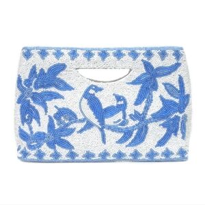 Blue and White Hand Beaded Bird Clutch
